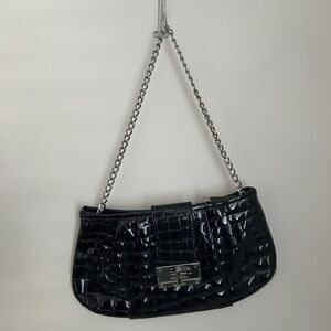 Calvin Klein Y2K Baguette Shoulder Bag Black Patent Croc Embossed Silver Chain